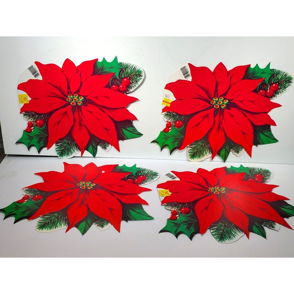 Christmas Cardstock Die Cut‎ Poinsettia Wall Window Decorations Lot of 4